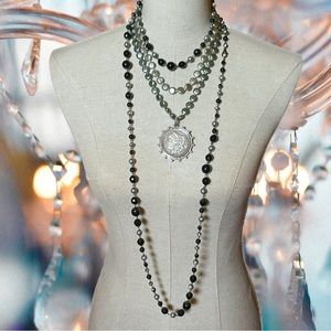 Double 2 Strand Faux Black Grey Disc Pearl Medallion Coin Crystal Bezel Necklace